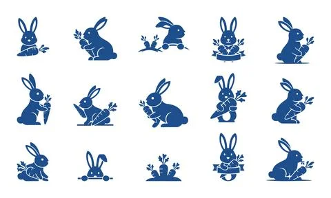 Collection of blue rabbit silhouettes in various poses Stock Illustration