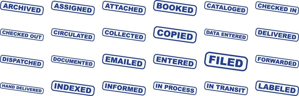 Collection of blue rubber stamps featuring various office tasks and status .. イラスト素材