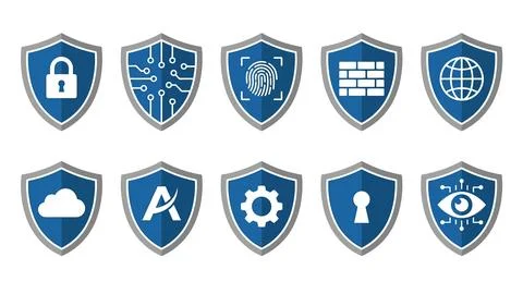 Collection of blue shield security icons for technology interface. 스톡 일러스트