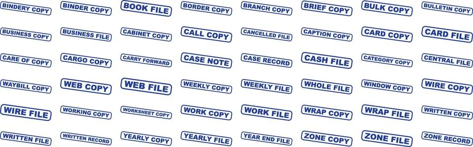 Collection of blue stamp labels displaying various file types including boo.. Illustrazione stock