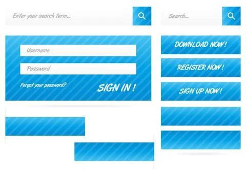 Collection of blue stripped web buttons and forms with shadow Stock Illustration