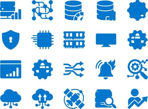 Collection of Blue Technology Icons Representing Data and Computing Infrast.. Stockillustratie