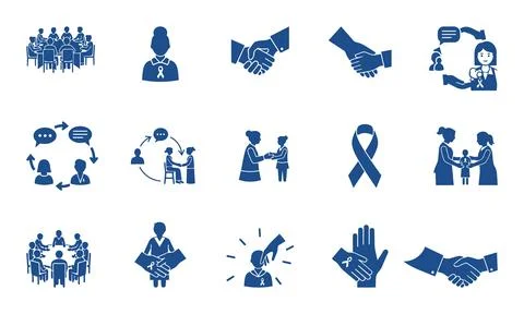 Collection of blue vector icons depicting various social interactions and a.. Illustration