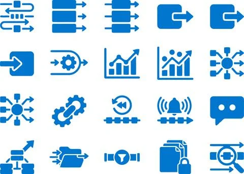 Collection of Blue Vector Icons Representing Business Workflows and Data Pr.. Stockillustratie