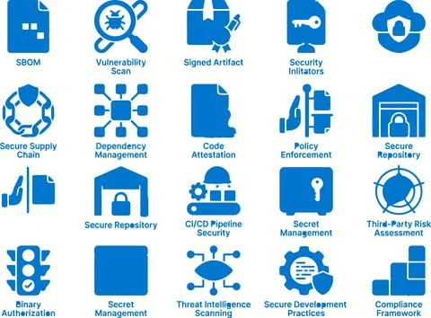 A Collection of Blue Vector Icons Representing Software Supply Chain Securi.. Stock Illustration