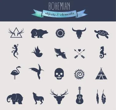Collection of Bohemian, Tribal objects, elements and icons Stock Illustration