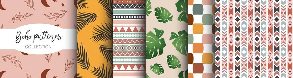 Collection of Boho, Bali Seamless Patterns. Stock Illustration