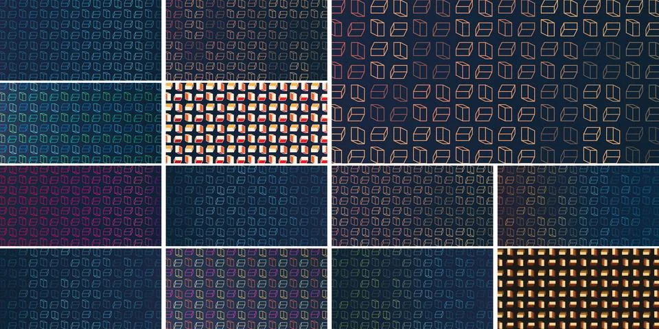 A collection of bold 3D cube patterns in vibrant red, purple, brown and whi.. Stock Illustration