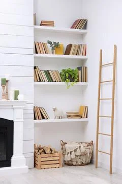 Collection of books and decor elements on shelves indoors. Interior design Stock Photos