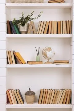 Collection of books and decor elements on shelves indoors Foto stock