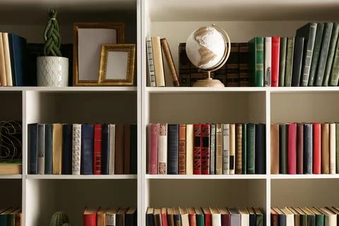 Collection of books and decor elements on shelves. Home library Stock Photos