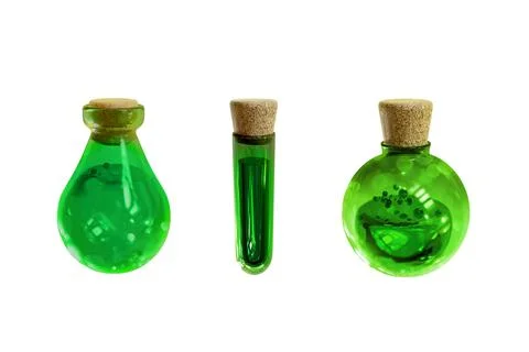 Collection of Bottle with green potion 3D rendering . Stock Illustration