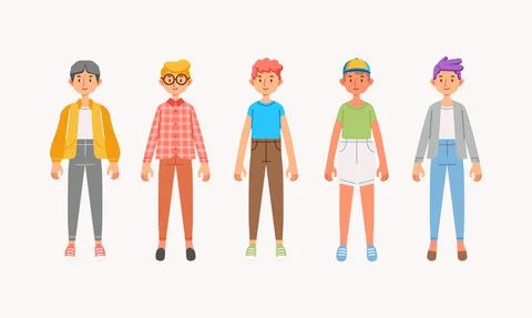 Collection of boy characters with different outfit and hair stles Illustrazione stock