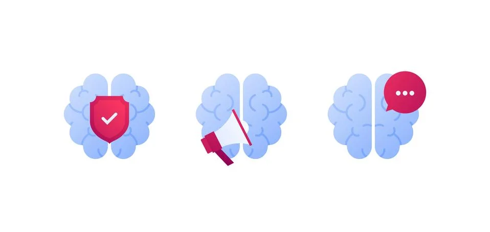 Collection of brain shape with loudspeaker, shield with checkmark, speech bubble Stock Illustration