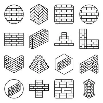 Collection of brick wall construction elements and patterns, isometric line.. Stock Illustration
