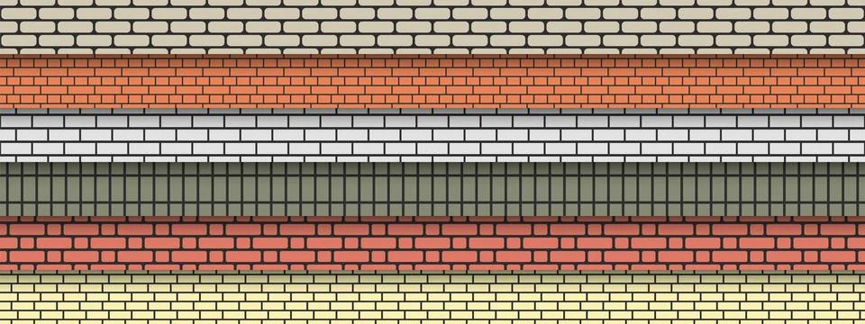 Collection of brick wall seamless patterns in modern colors. Brickwork decora Stock Illustration