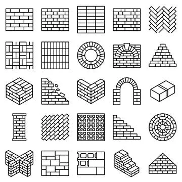 Collection of brickwork patterns and construction elements in a clean line .. Stock Illustration