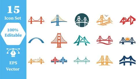 Collection of bridge architecture icons in various styles with bridge icon Stock Illustration