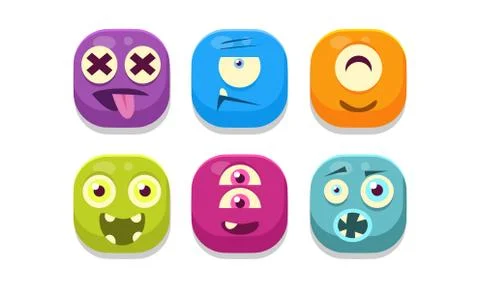 Collection of bright buttons emoticons with different emotions, emoji monsters Stock Illustration