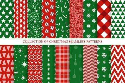 Collection of bright christmas seamless patterns. Holiday endless colorful Illustrazione stock