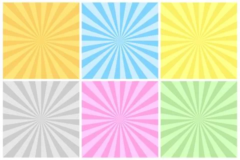 Collection of bright color striped backgrounds. Vintage radial art prints Illustrazione stock