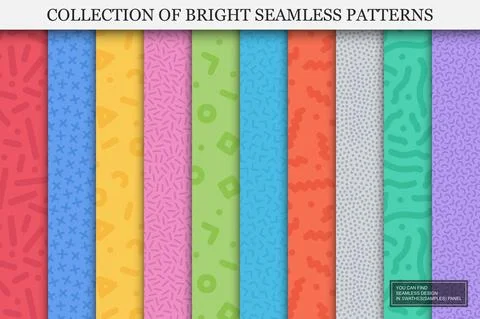 Collection of bright colorful seamless patterns. Creative trendy backgrounds Stock Illustration