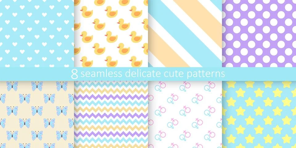 Collection of bright cute seamless patterns - delicate colorful design. Cartoon Illustrazione stock