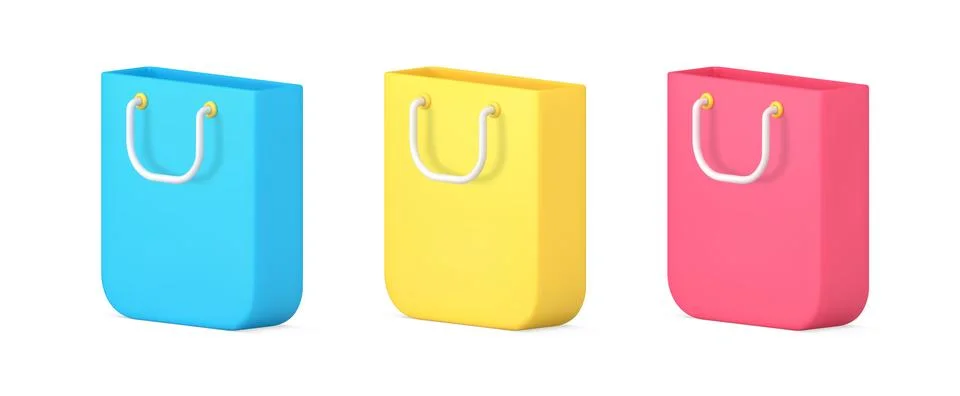 Collection bright glossy rectangle paper shopping bag with handles and curv.. Illustration