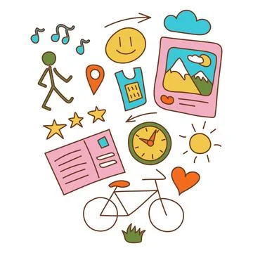 A collection of bright objects and symbols of travel and recreation. Scrapb.. Stock Illustration