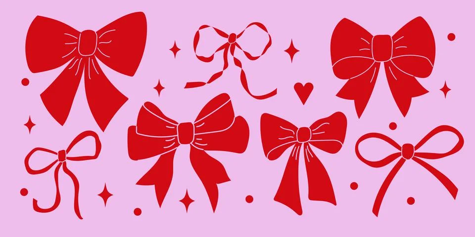 A collection of bright red bows in different styles and sizes is set against  Stock Illustration
