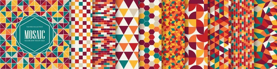 Collection of bright seamless geometric patterns. Color mosaic endless textur Stockillustratie
