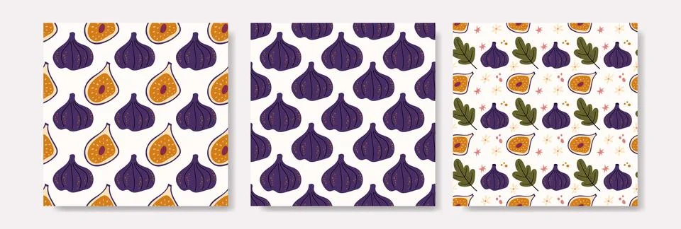 Collection of bright seamless summer patterns featuring whole figs, fig slice Stock Illustration