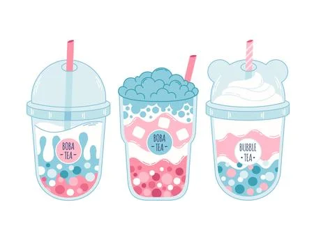 Collection of Bubble Milk Tea with tapioca pearls. Boba tea. Stock Illustration