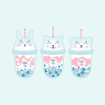 Collection of Bubble Milk Tea with tapioca pearls. Boba tea. Taiwanese drink. Stockillustratie