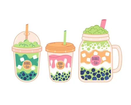 Collection of Bubble Milk Tea with tapioca pearls. Boba tea. Taiwanese drink. 스톡 일러스트