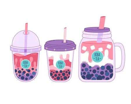Collection of Bubble Milk Tea with tapioca pearls. Boba tea. Taiwanese drink. 스톡 일러스트