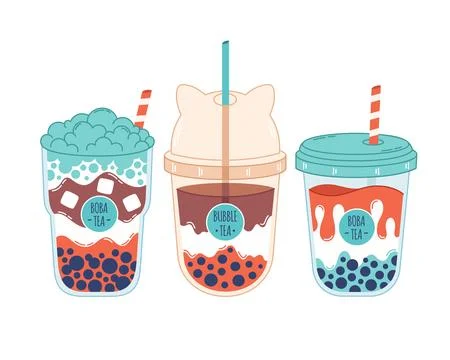 Collection of Bubble Milk Tea with tapioca pearls. Boba tea. 库存插图