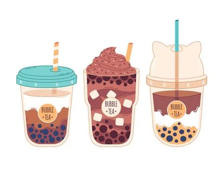 Collection of Bubble Milk Tea with tapioca pearls. Boba tea. Иллюстрация
