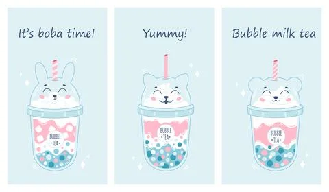 Collection of Bubble Milk Tea with tapioca pearls. Boba tea. Taiwanese drink. Stockillustratie