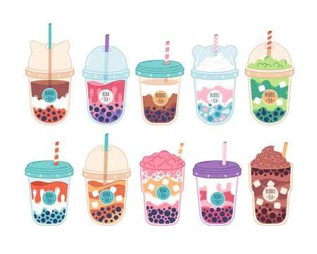 Collection of Bubble Milk Tea with tapioca pearls. Boba tea. Stock Illustration