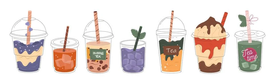 Collection of Bubble Milk Tea with tapioca pearls. 스톡 일러스트