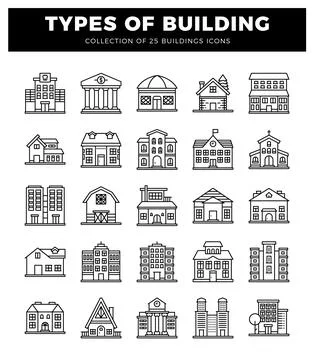 Collection of building icons. different types of architecture. simple line .. Stock Illustration