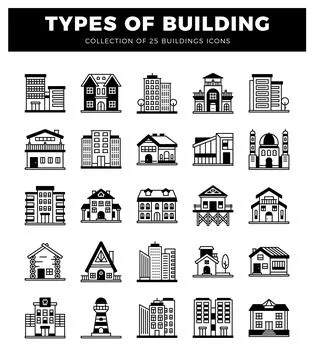 Collection of building icons featuring diverse architectural styles in a gr.. Stock Illustration