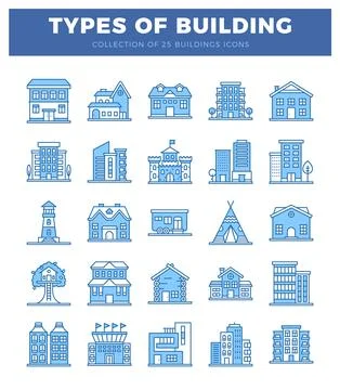 Collection of building icons. flat design. blue outlines. showcasing variou.. Ilustración de archivo