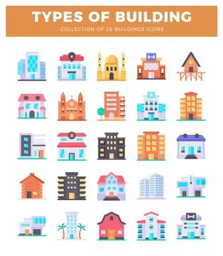 Collection of building icons in a flat design style on a white background. Ilustración de archivo