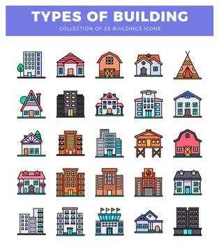 Collection of building icons in flat design with colorful outlines. Stock Illustration