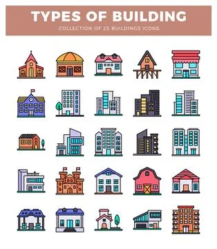 Collection of building icons in flat design with white background. Ilustración de archivo