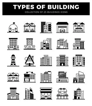 Collection of building icons. flat design. Different building types arrange.. Ilustración de archivo