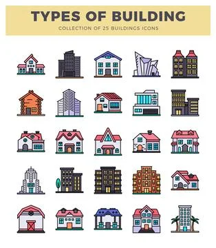 Collection of building icons. flat vector illustration. white background. Ilustración de archivo