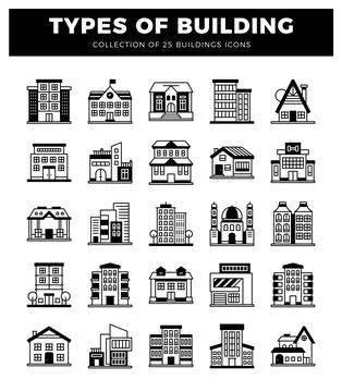Collection of building icons in a graphic design layout with a dark backgroun Illustrazione stock